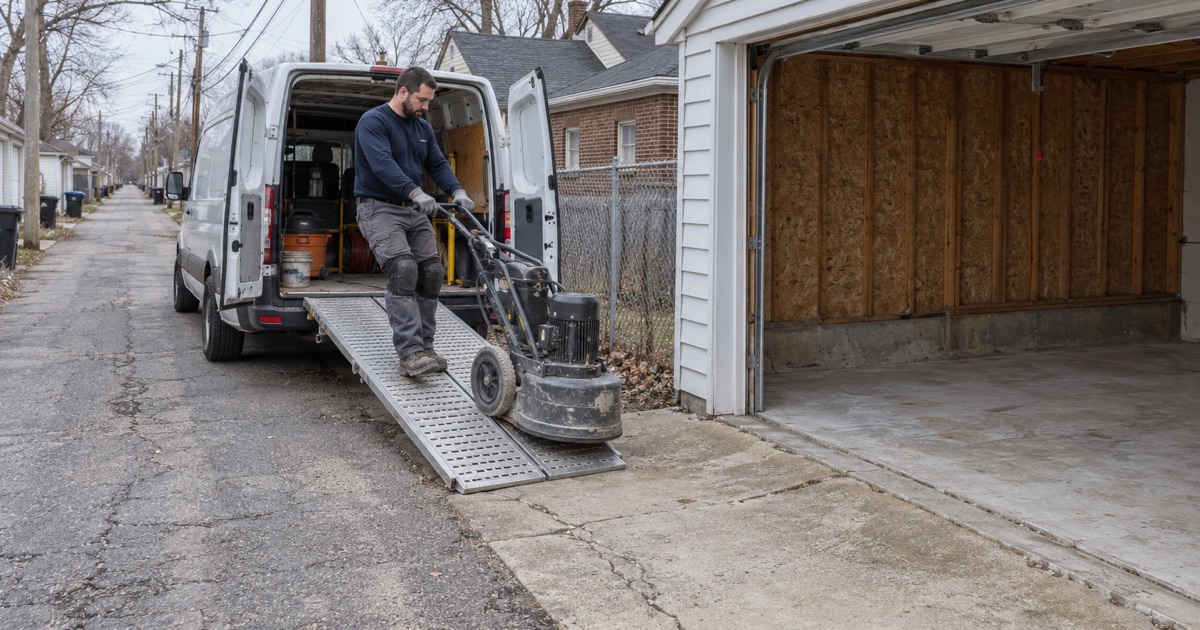 A walk-behind grinder rolled down a van ramp into a Hammond alley at the start of a garage floor job.