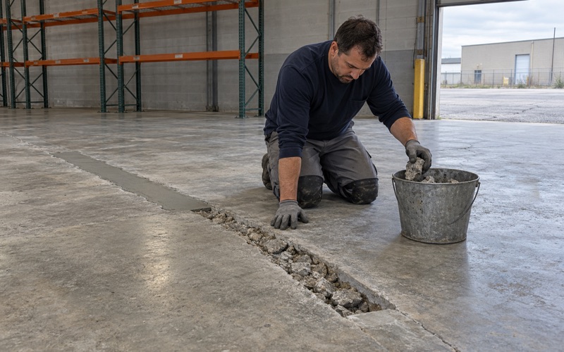 Loose, delaminated concrete being lifted out of a spalled joint edge on a Hammond, Indiana warehouse floor before it is rebuilt.