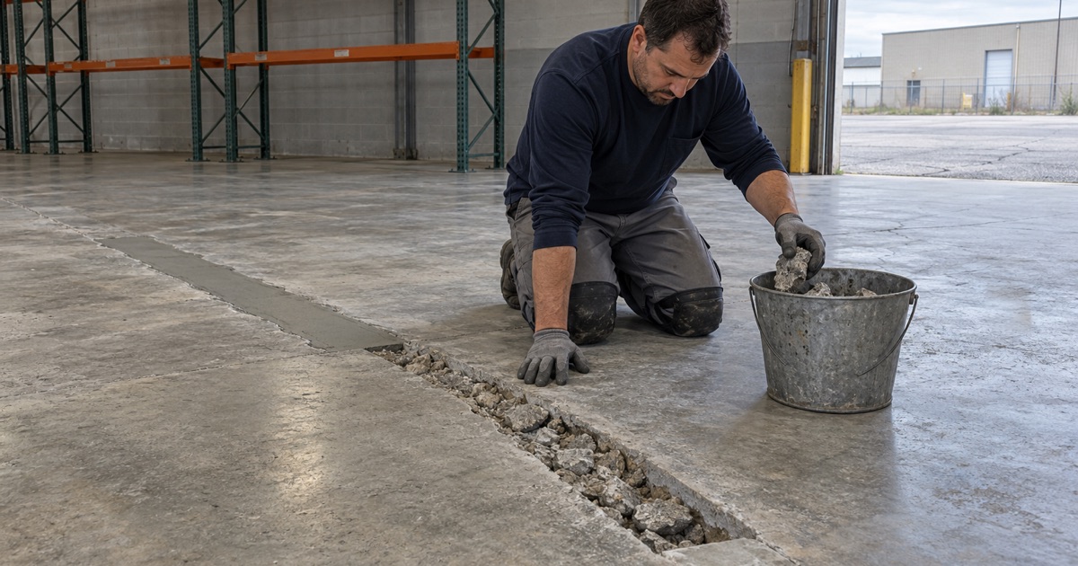 Loose, delaminated concrete being lifted out of a spalled joint edge on a Hammond, Indiana warehouse floor before it is rebuilt.