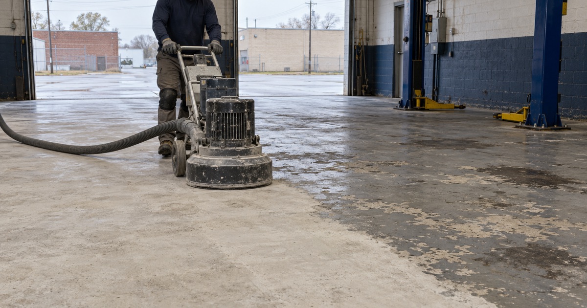 A walk-behind grinder with a dust shroud cutting through old floor paint in a Hammond, Indiana auto repair garage.