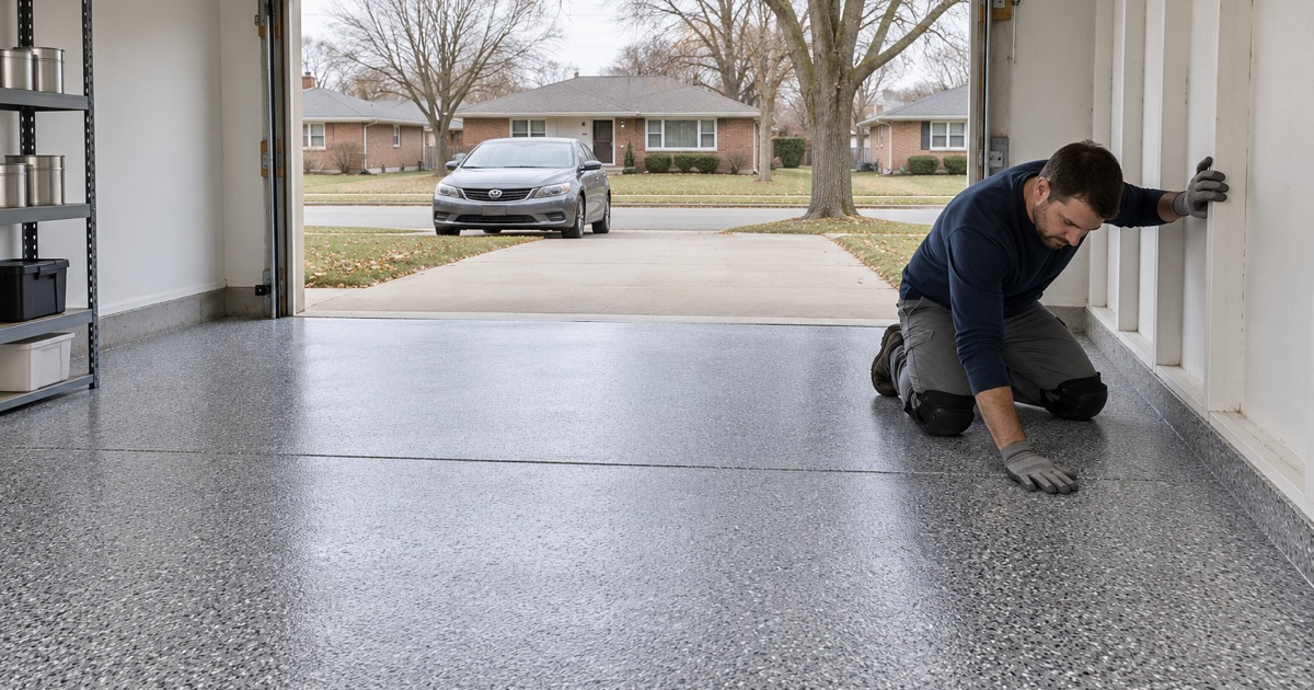 A two-part flake coating in an Alsip garage, not a one-part latex floor paint