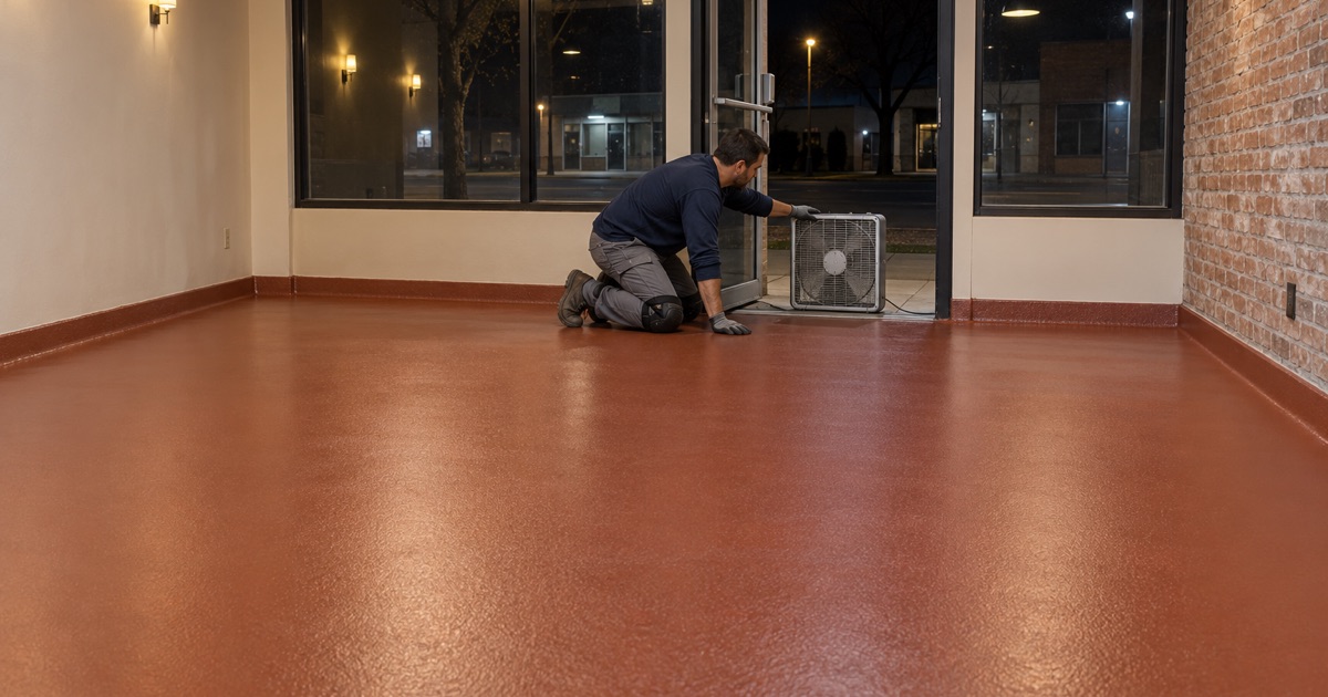 A fast-cure resin floor laid overnight in a Bridgeview storefront cafe, a fan in the open doorway clearing the air.