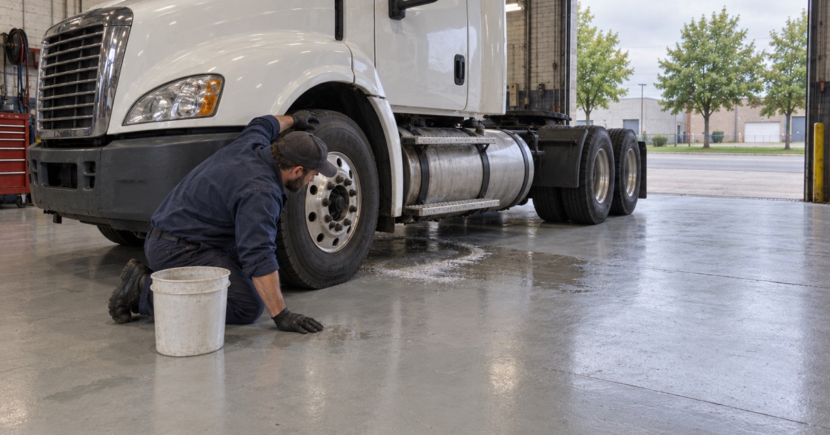 A white DEF crystal ring rinsing off a sealed shop floor beside a parked truck in a Brookfield trucking garage.