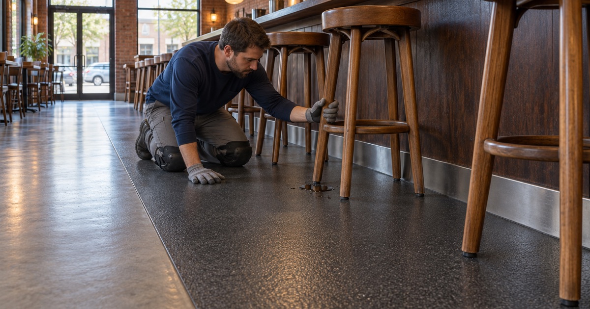 A textured coated floor strip in front of the bar at a Chicago Ridge tavern, where game powder and spills land