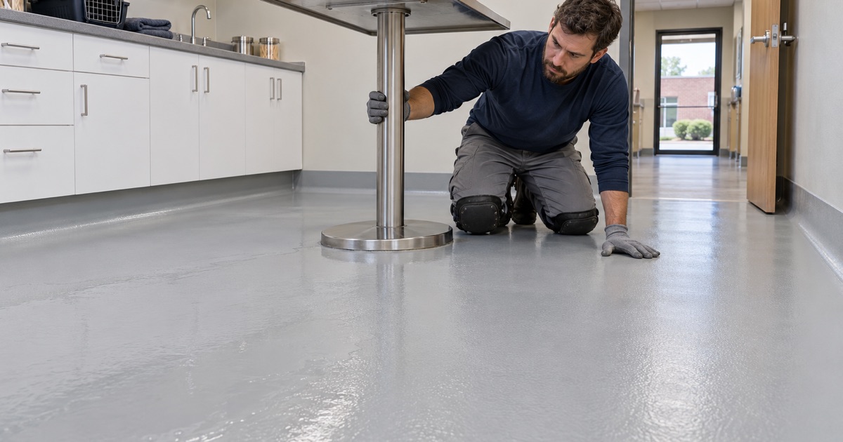 A sealed, nonporous exam room floor in a Dyer, Indiana animal clinic holding a disinfectant film wet
