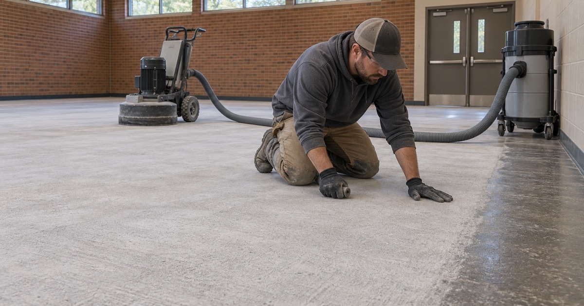 A recreation center slab in Forest Park ground for a coating, the surface opened up without cutting or coring.