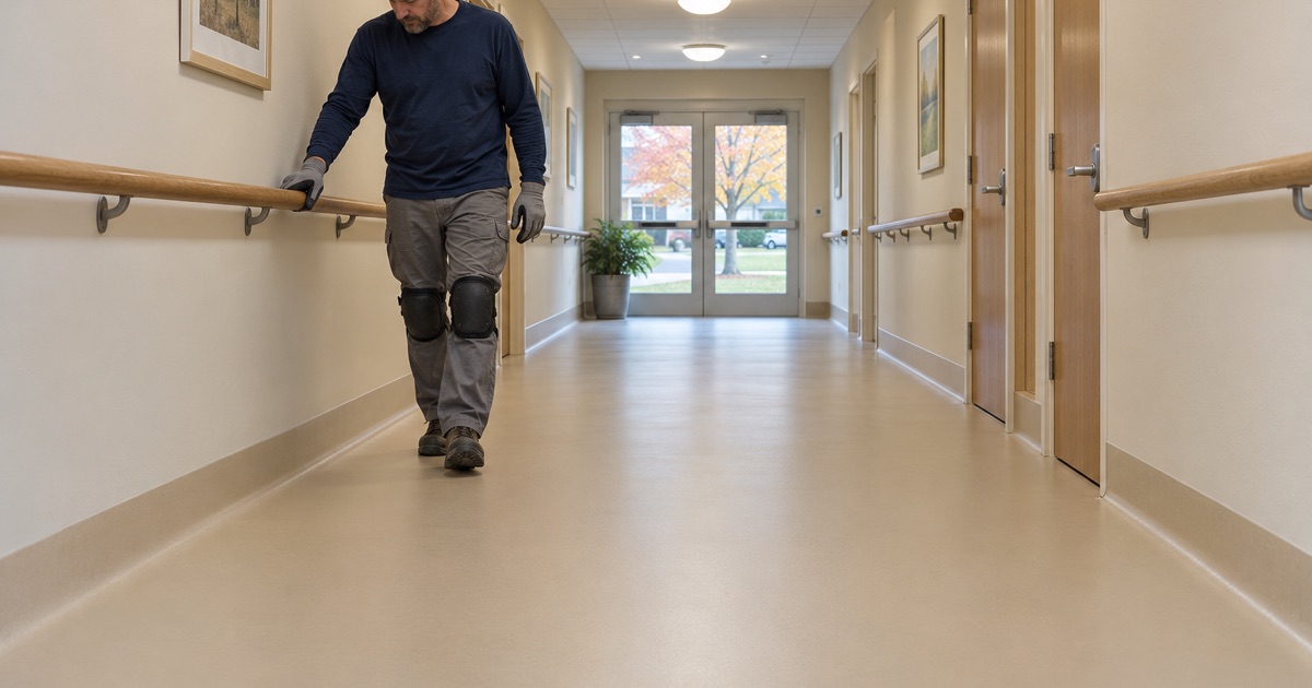 A seamless, grout-free floor in a Hazel Crest cancer care building that two-step decontamination wipes can reach completely
