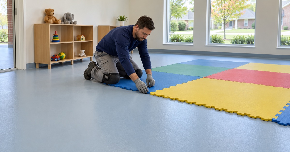 A washable ground-floor classroom floor in Hickory Hills laid on a moisture-tested slab