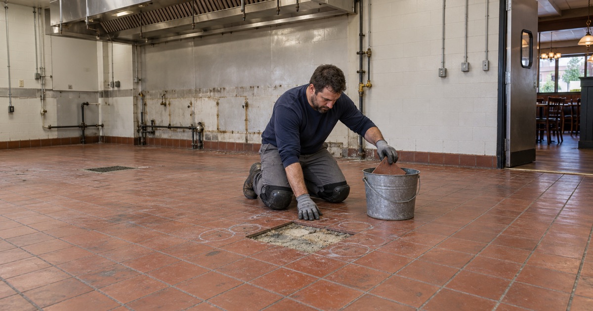 A hollow quarry tile being lifted out of an old restaurant kitchen floor in Homewood before a resin floor goes over the tile.