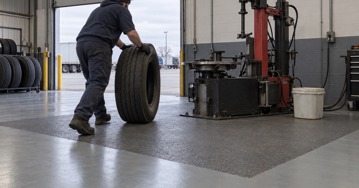 A semi-truck tire rolled across the textured tire-change station of a coated shop floor in Justice.
