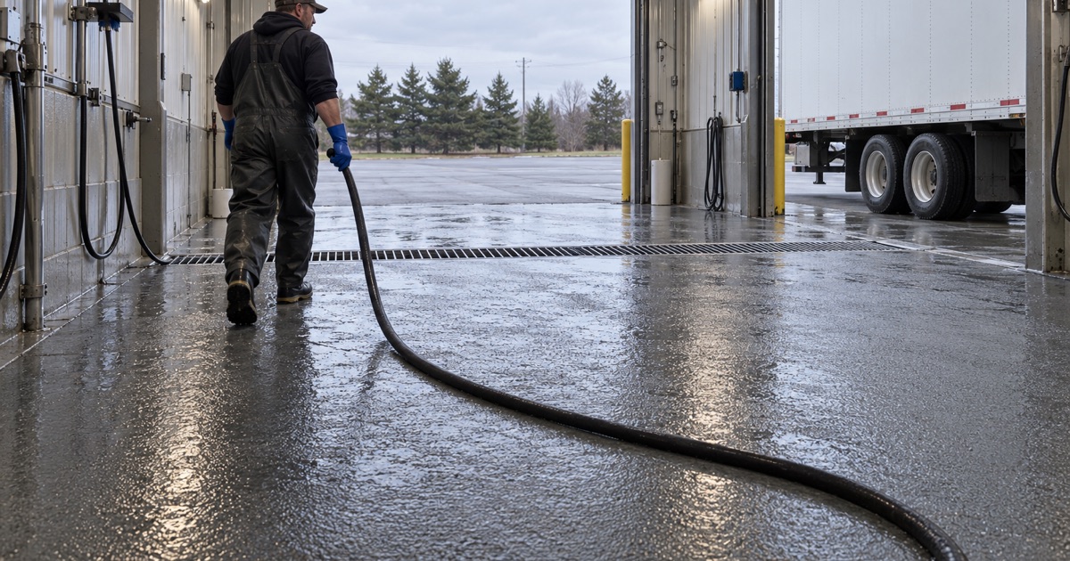 A rinsed wash-bay floor in a Lake Station, Indiana truck wash, the coating falling to a trench drain at the bay door.