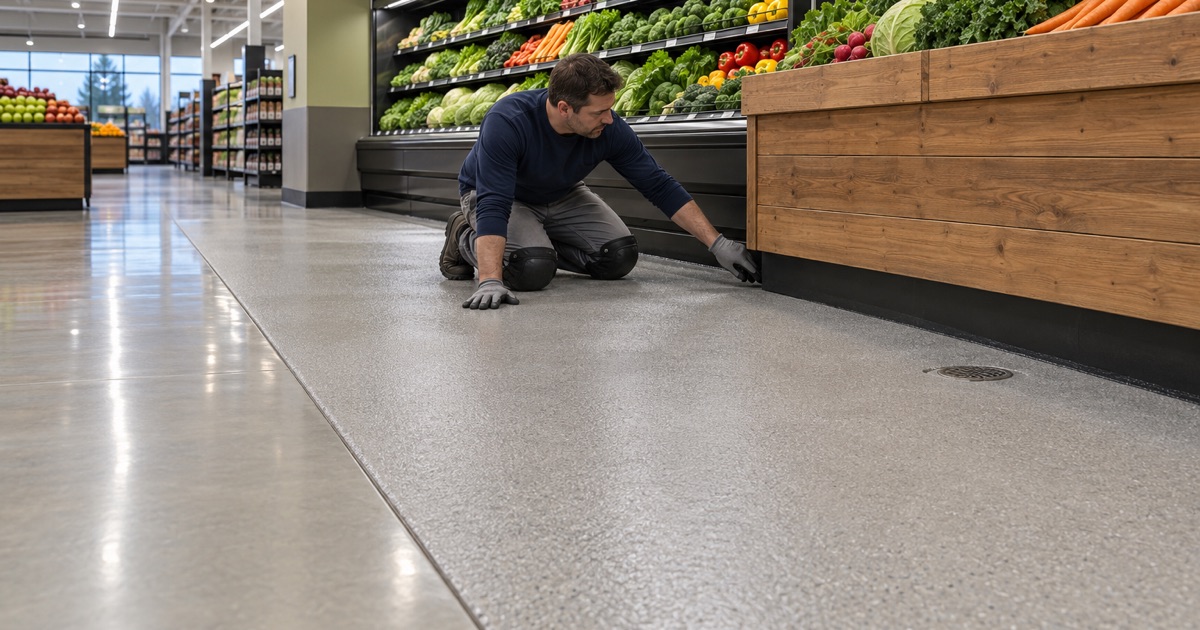 A textured coated floor zone around a produce display meeting a smoother aisle floor in a Lowell, Indiana supermarket.