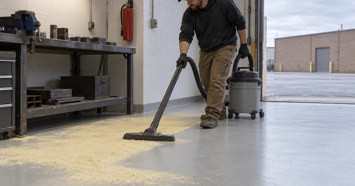 Dry extinguisher powder being vacuumed off a sealed shop floor in Lyons before any water touches it.