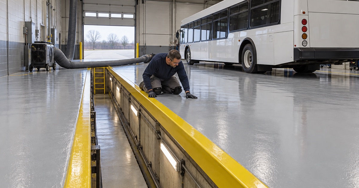 Floor work at the edge of a service pit in a Markham bus garage, with temporary exhaust ducting laid along the floor.