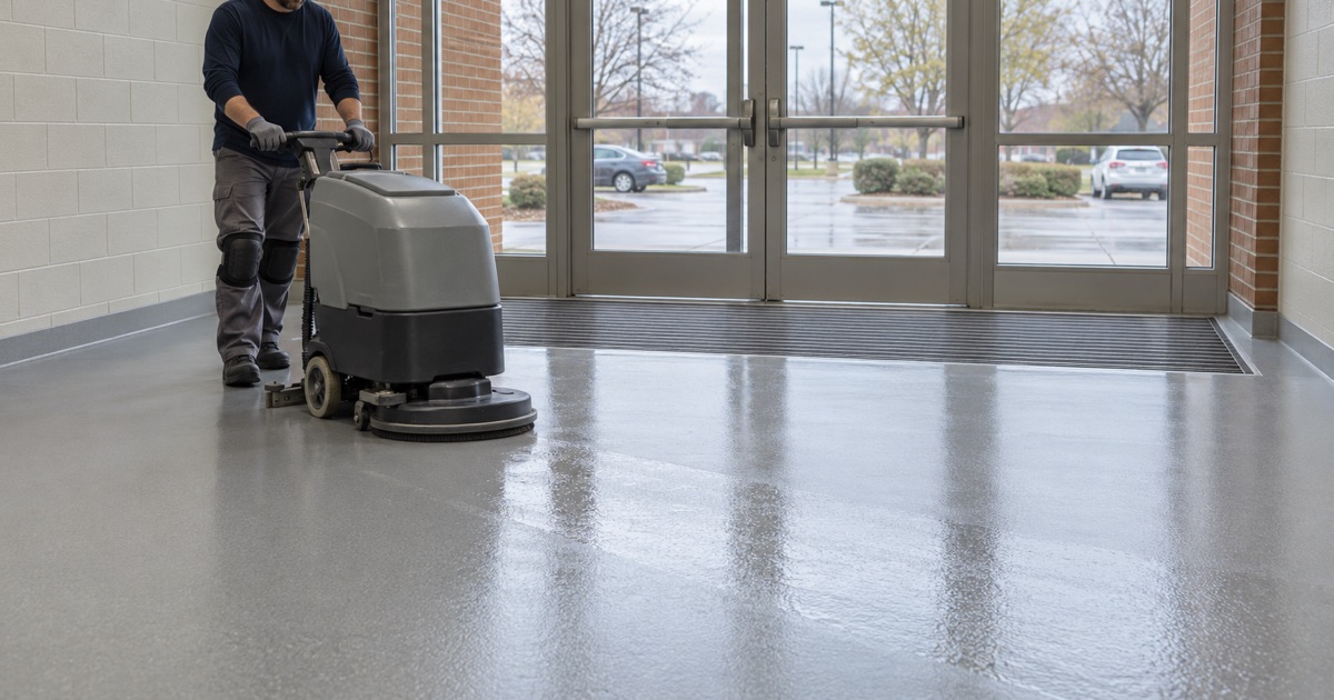 A sealed resin hall floor in Midlothian scrubbed wet with an auto-scrubber after an event