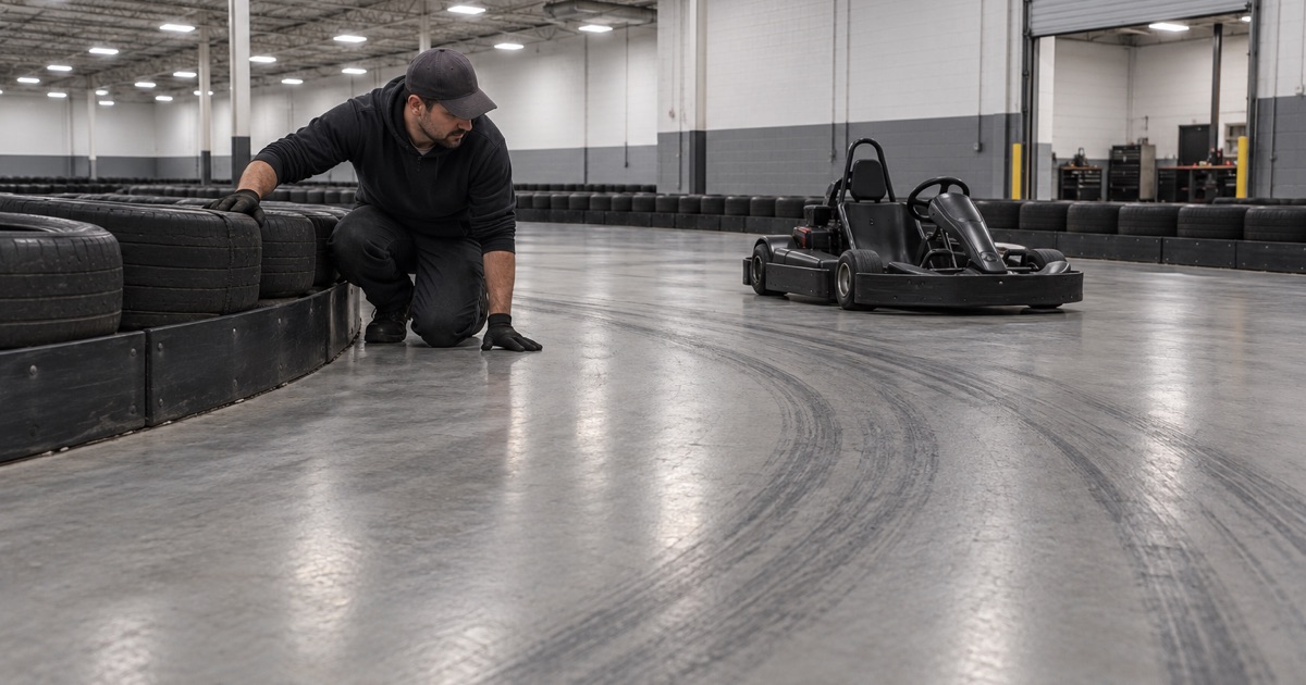 Black tire marks on the coated surface of an indoor electric kart track in Mokena, a worker kneeling at the barrier.