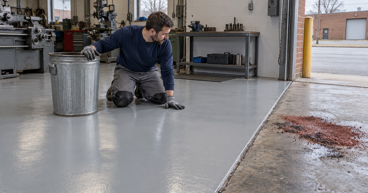 A coated shop floor in Riverdale kept clear of oily sweeping compound, which stays on the bare concrete beyond the coating edge.