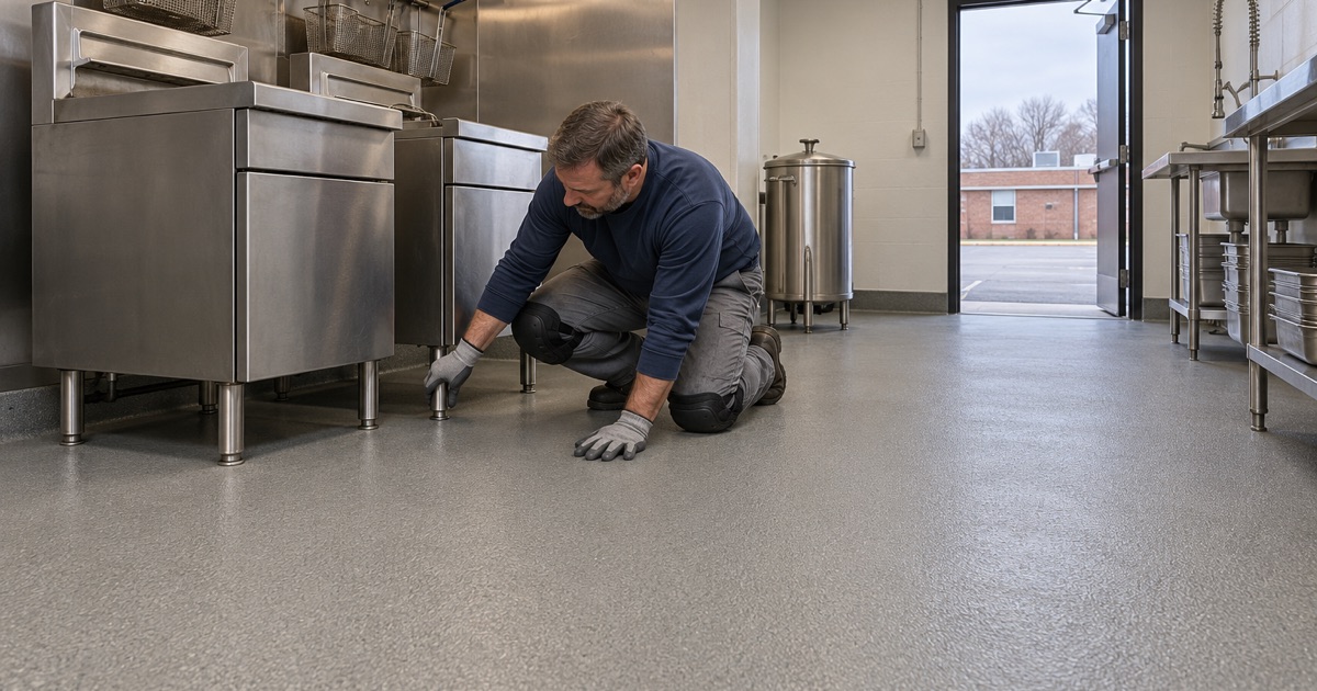 A sealed, textured floor along the fryer line of a Worth hall kitchen used for Friday fish fries.