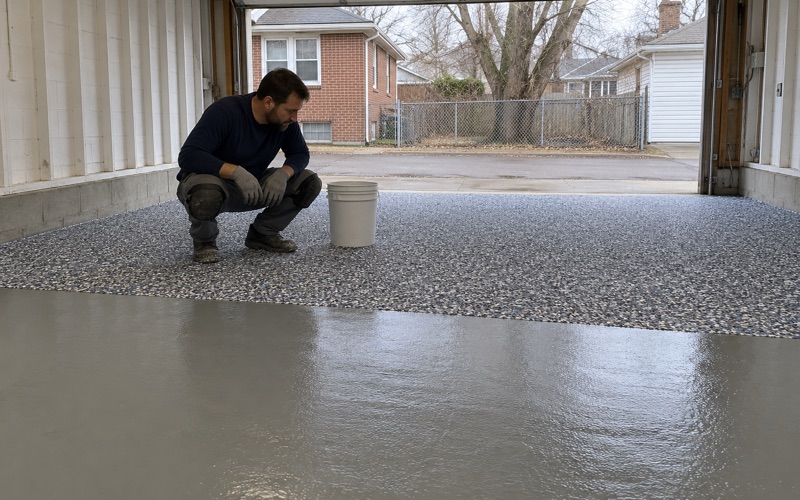 A worker crouching to check a freshly broadcast gray and blue flake floor in a detached garage behind a Hammond, Indiana brick bungalow.
