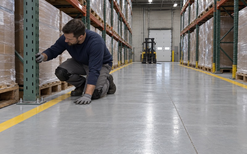 A coated warehouse aisle in a Hammond, Indiana industrial park, the coating meeting steel rack uprights at their base plates.