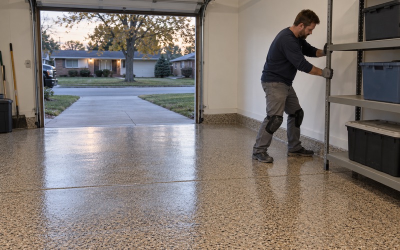 A shelf unit slid back against the wall the same day a polyaspartic flake floor was finished in a Hammond, Indiana garage.
